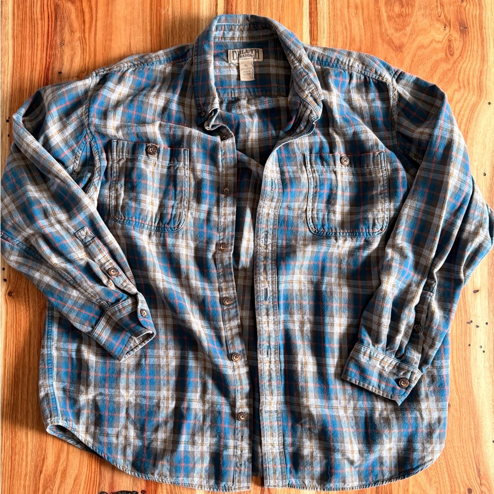 Duluth Trading Co Blue and Brown Plaid Button Down Shirt